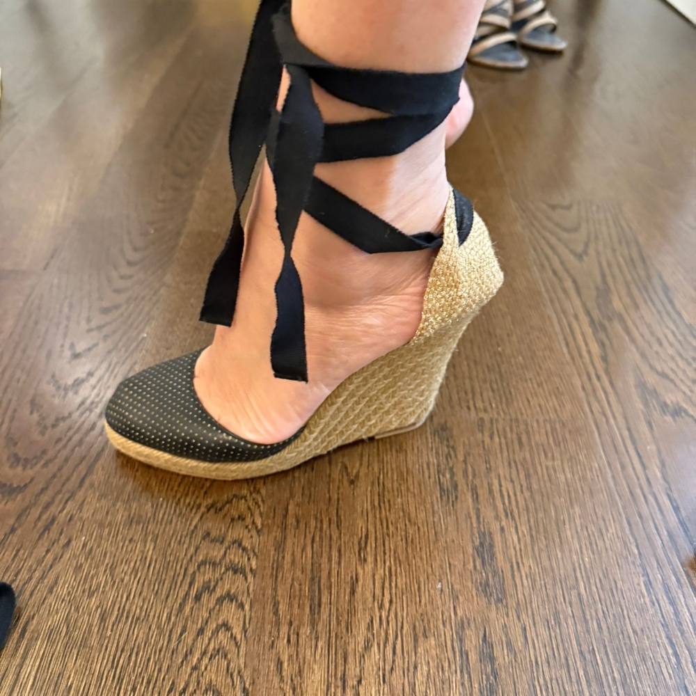 Christian Louboutin women shoes Wedge Espadrille Size 9 Black Leather Heels